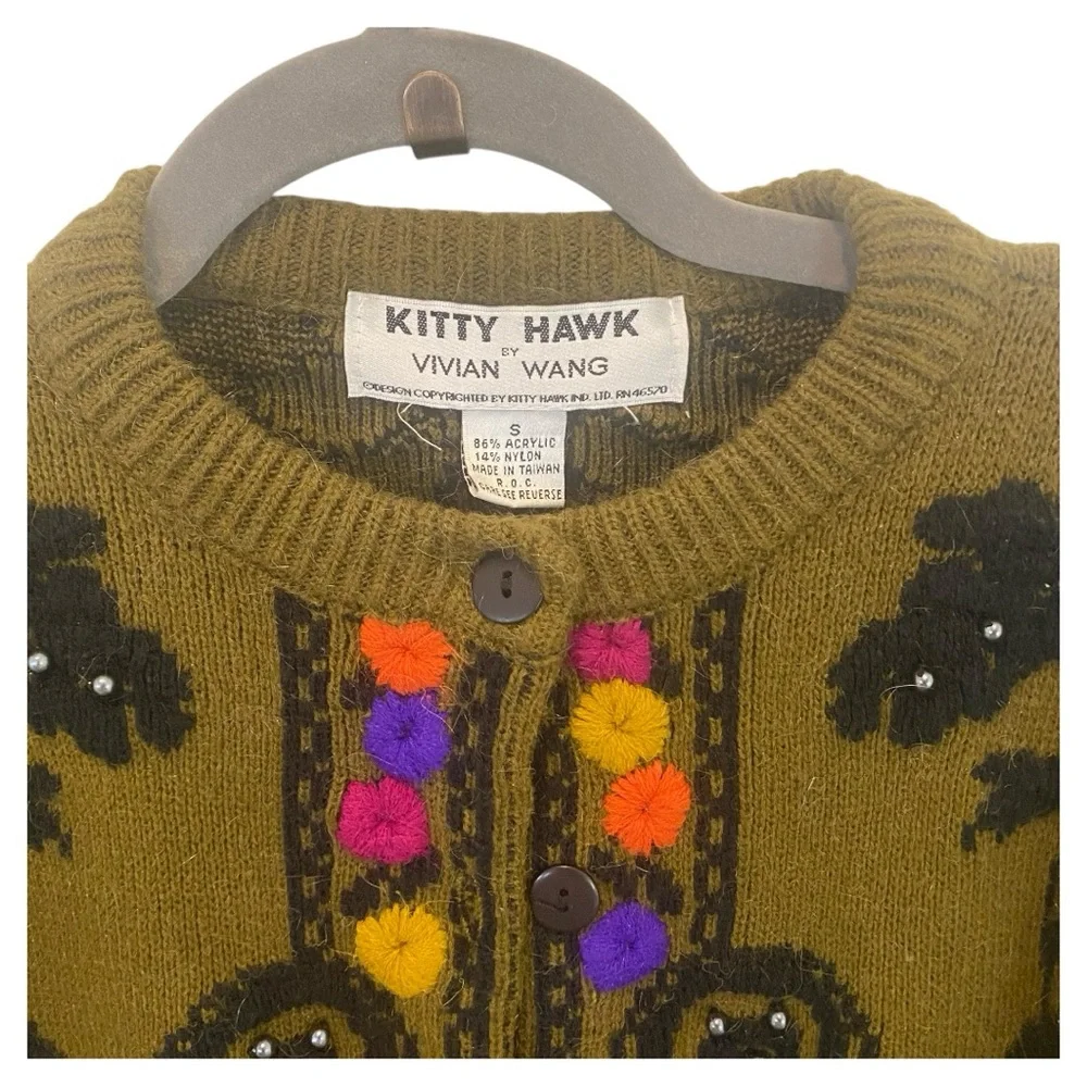 Kitty Hawk by Vivian Wang Green Black Cropped Cardigan Sweater Floral Embroidery